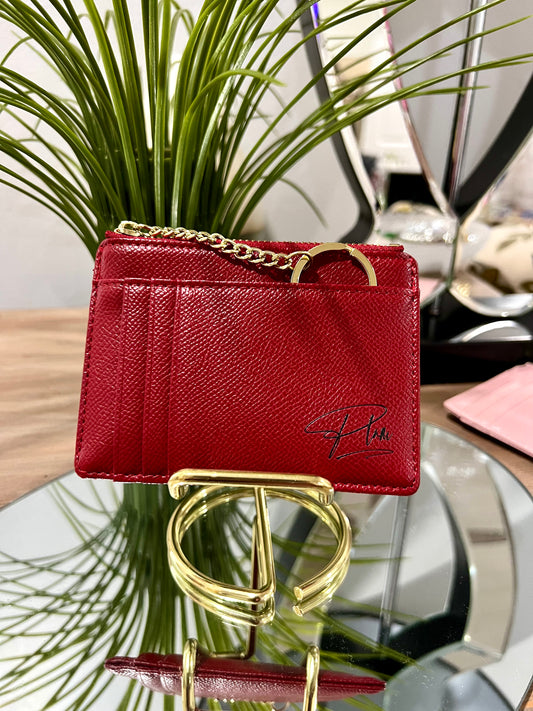 Leather Top Zip Card Case  - Crimson